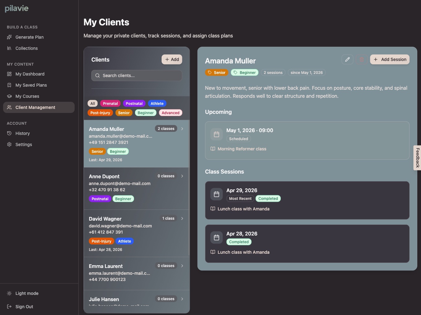 Client management view tracking sessions and progressions for each client