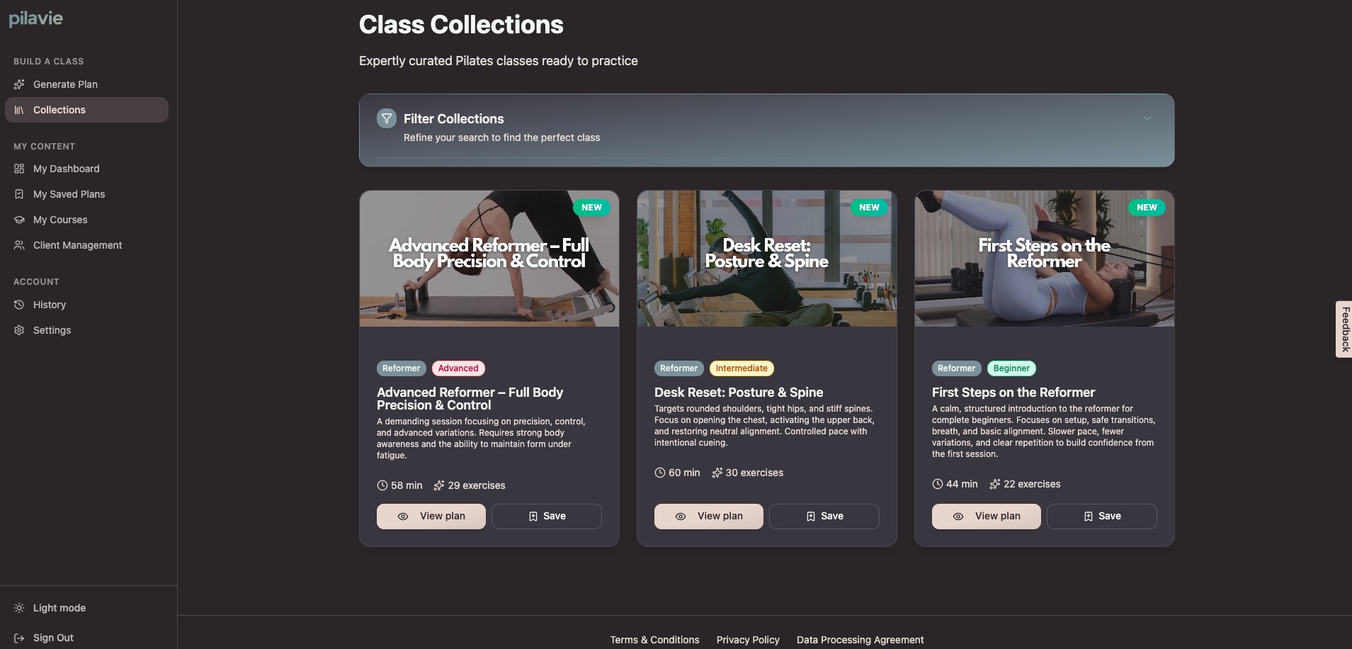 Class Collections gallery with curated Pilates classes ready to practice