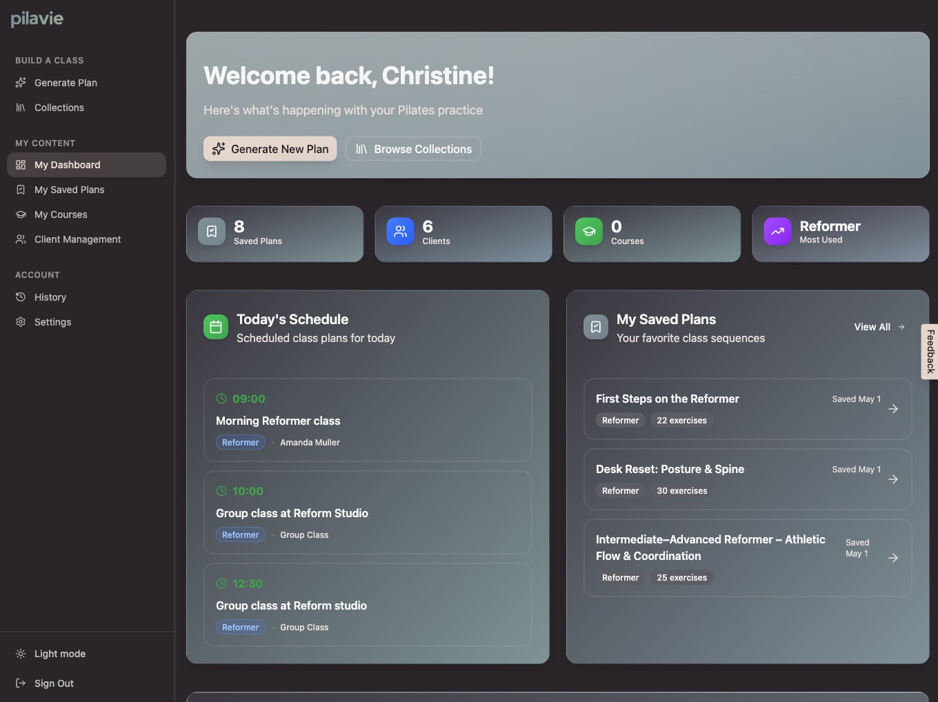 Pilavie dashboard showing today's schedule and saved class plans