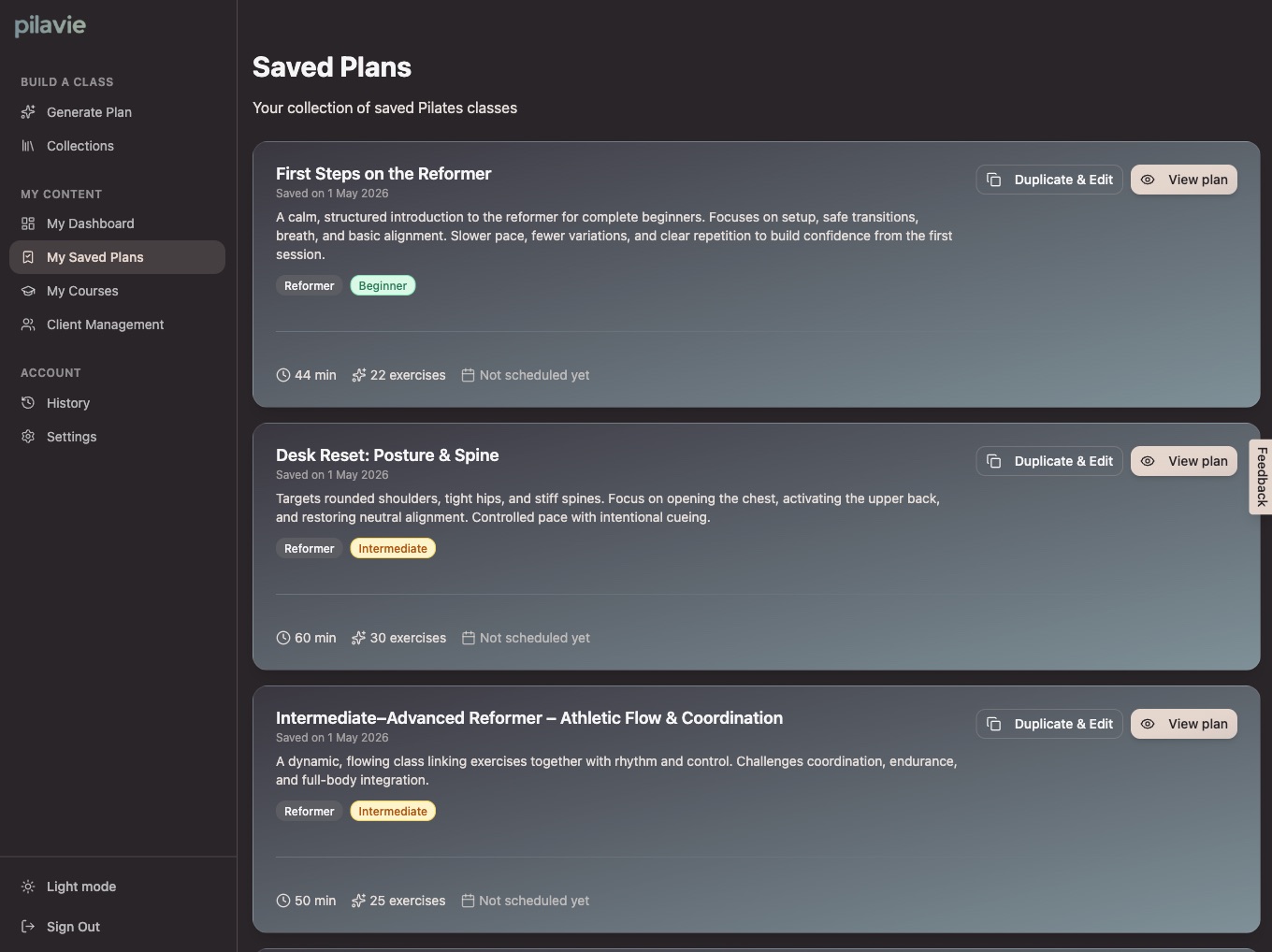 Saved Plans library showing your saved Pilates classes